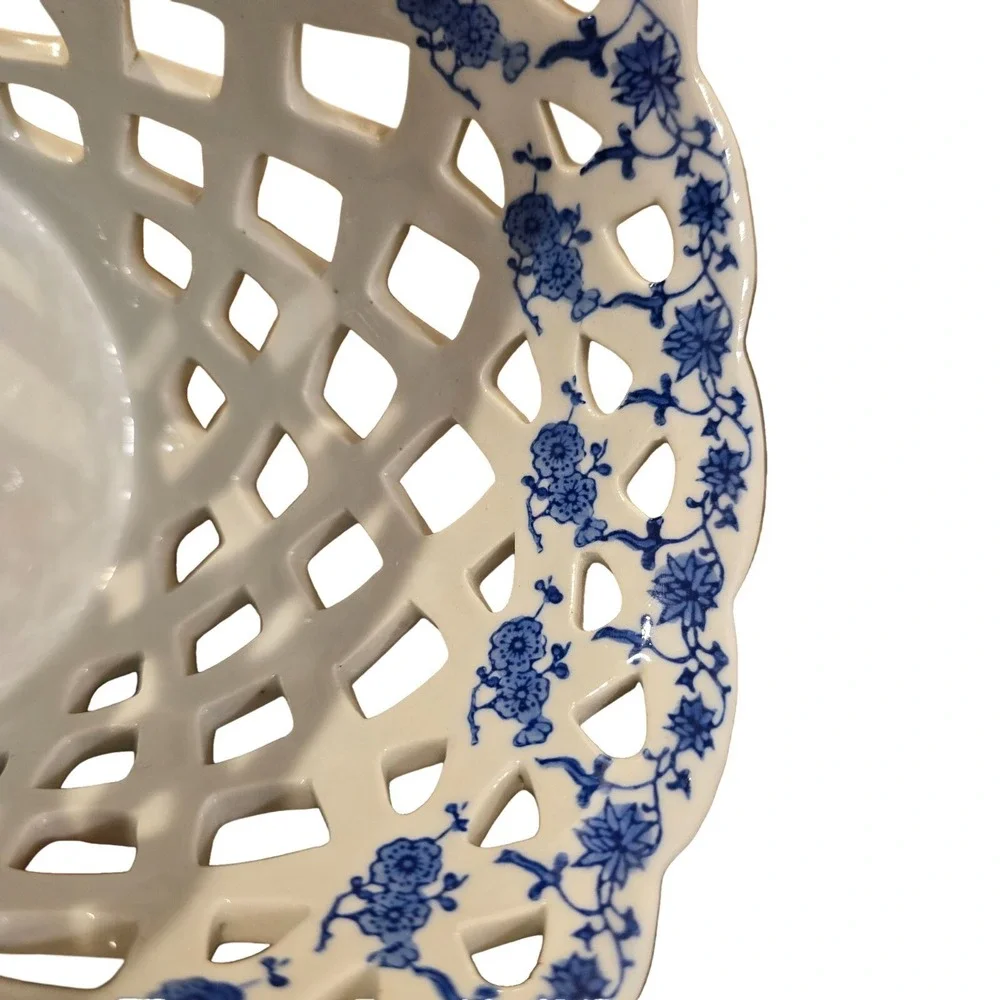 Vintage 1980s Andrea by Sadek Blue White Porcelain Reticulated Lattice Planter